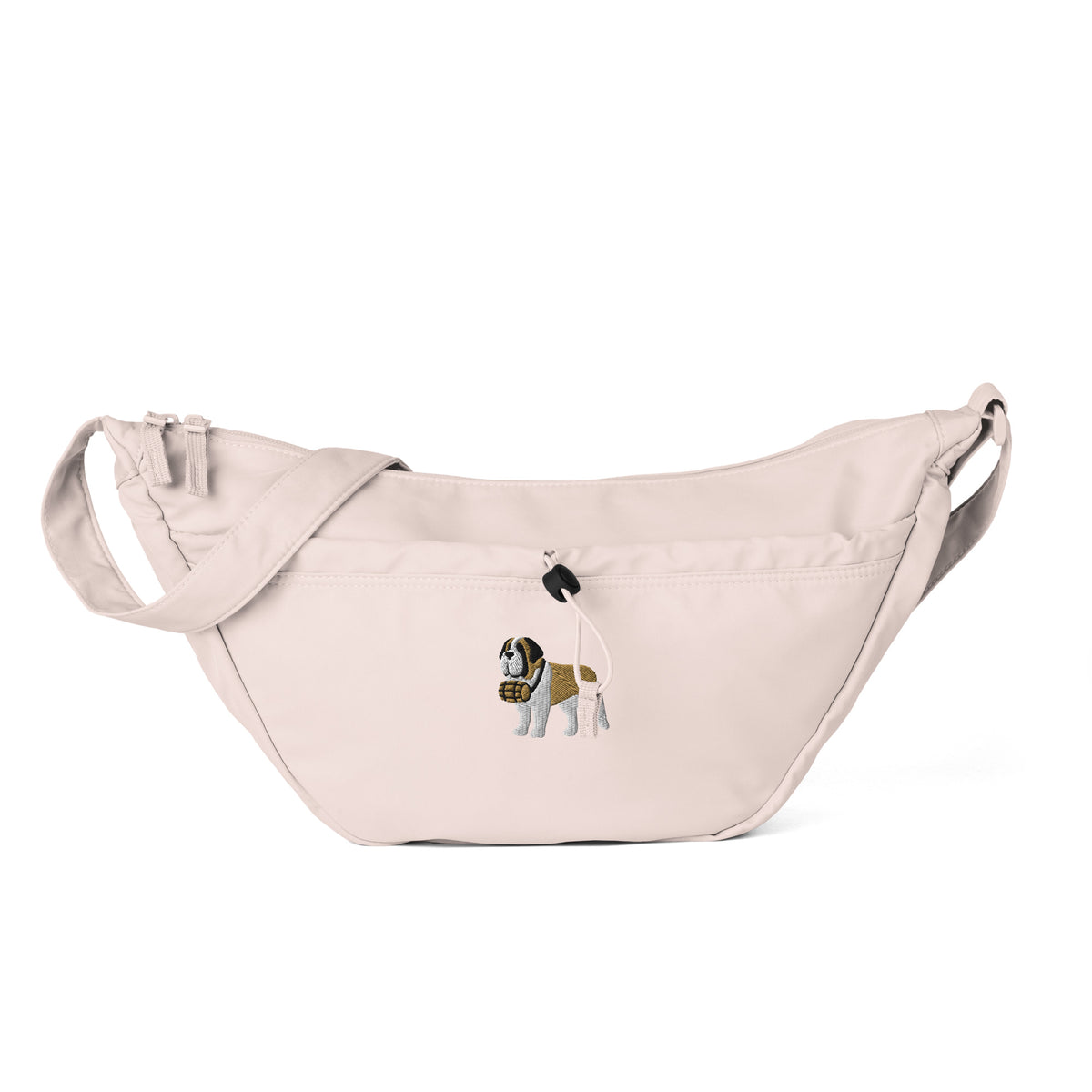 Fresh pink Saint Bernard everyday crossbody bag with an embroidered Saint Bernard and rescue barrel, adjustable strap, and zip closure.