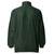 Lightweight, packable forest green windbreaker with chest embroidered Saint Bernard and barrel, adjustable hood, elastic cuffs, and zip pockets.