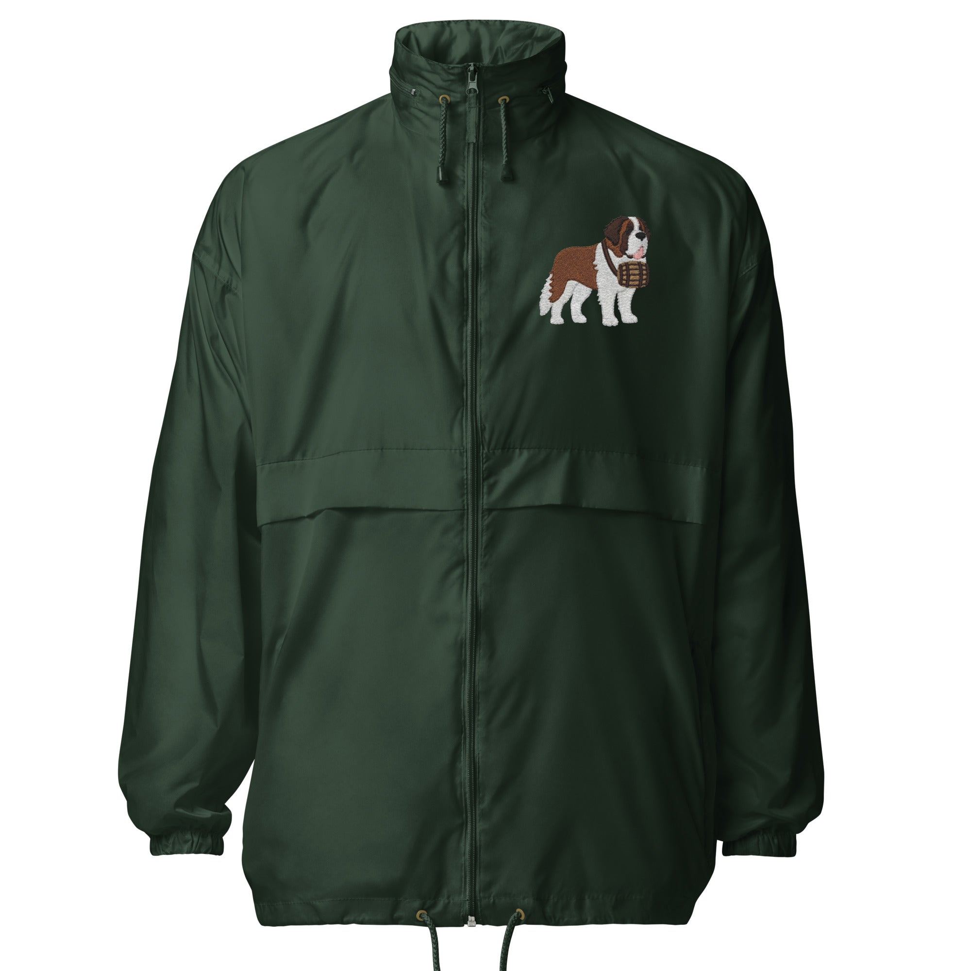 Lightweight, packable forest green windbreaker with chest embroidered Saint Bernard and barrel, adjustable hood, elastic cuffs, and zip pockets.