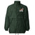 Lightweight, packable forest green windbreaker with chest embroidered Saint Bernard and barrel, adjustable hood, elastic cuffs, and zip pockets.