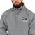 Light gray Champion packable windbreaker with chest embroidered Saint Bernard and barrel, half zip pullover with hood, kangaroo pocket, and zip pouch.