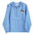 Light blue Champion packable windbreaker with chest embroidered Saint Bernard and barrel, half zip pullover with hood, kangaroo pocket, and zip pouch.