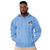 Light blue Champion packable windbreaker with chest embroidered Saint Bernard and barrel, half zip pullover with hood, kangaroo pocket, and zip pouch.
