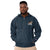 Navy blue Champion packable windbreaker with chest embroidered Saint Bernard and barrel, half zip pullover with hood, kangaroo pocket, and zip pouch.