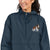 Navy blue Champion packable windbreaker with chest embroidered Saint Bernard and barrel, half zip pullover with hood, kangaroo pocket, and zip pouch.