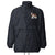 Lightweight, packable navy blue windbreaker with chest embroidered Saint Bernard and barrel, adjustable hood, elastic cuffs, and zip pockets.