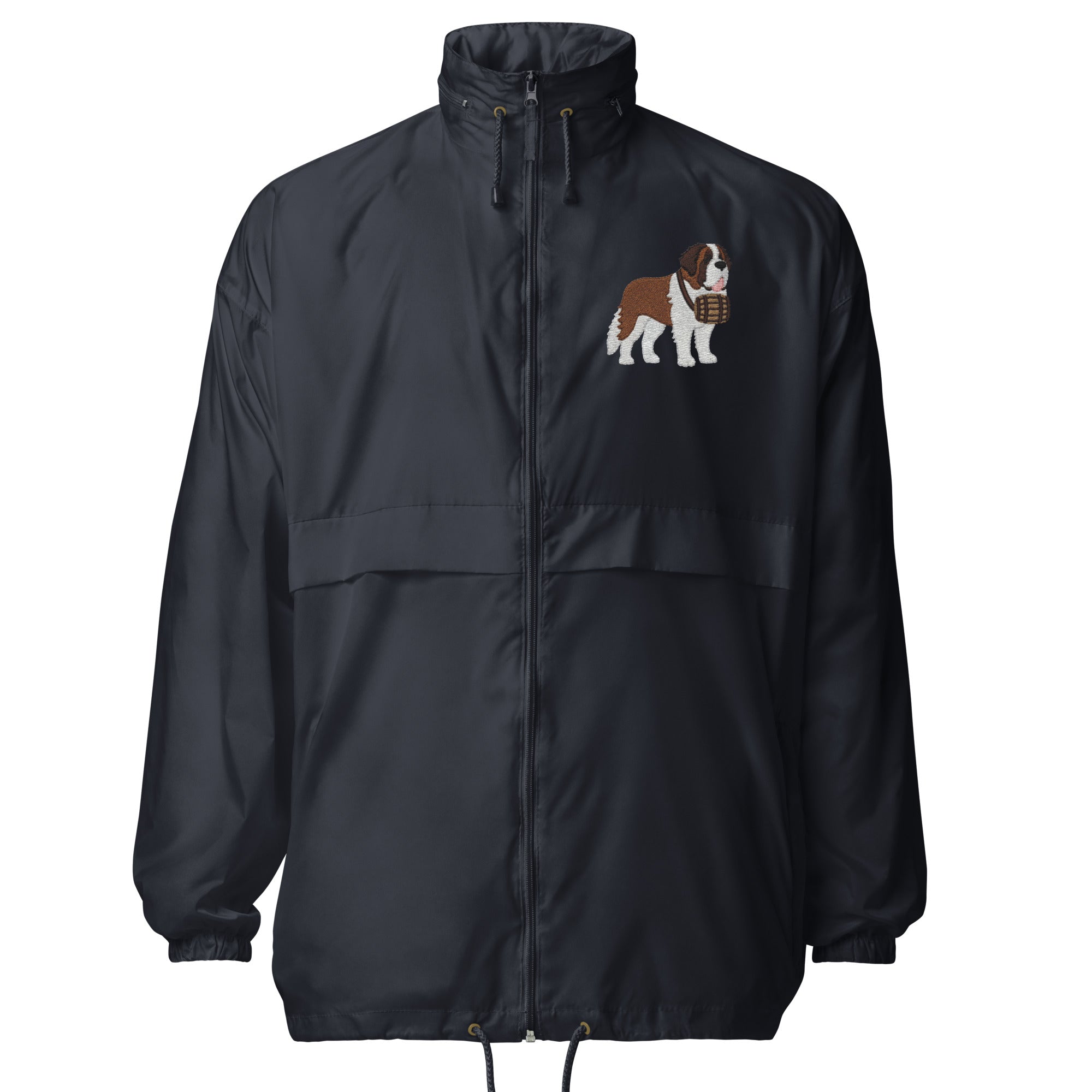 Lightweight, packable navy blue windbreaker with chest embroidered Saint Bernard and barrel, adjustable hood, elastic cuffs, and zip pockets.