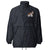 Lightweight, packable navy blue windbreaker with chest embroidered Saint Bernard and barrel, adjustable hood, elastic cuffs, and zip pockets.