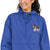 Royal blue Champion packable windbreaker with chest embroidered Saint Bernard and barrel, half zip pullover with hood, kangaroo pocket, and zip pouch.