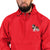 Red Champion packable windbreaker with chest embroidered Saint Bernard and barrel, half zip pullover with hood, kangaroo pocket, and zip pouch.