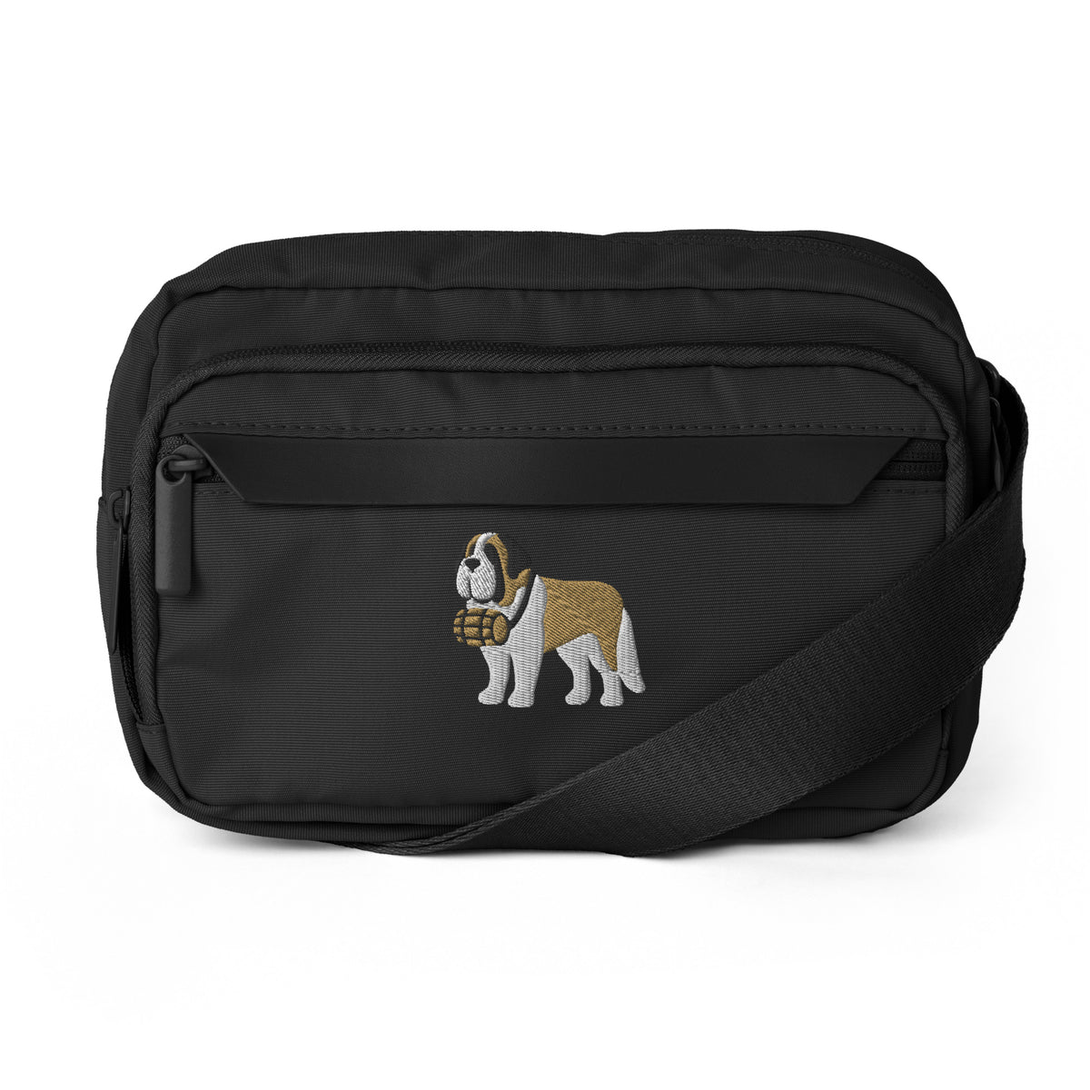 Black Saint Bernard crossbody bag with an embroidered Saint Bernard and rescue barrel, adjustable strap, and zip pockets.