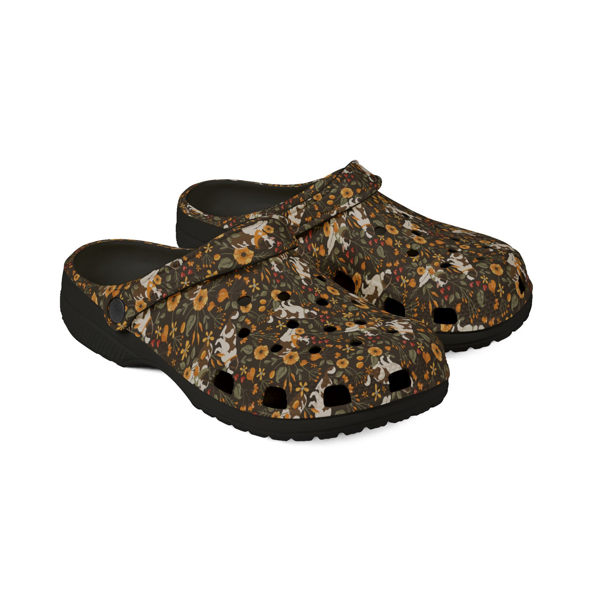 Black EVA clog shoes with an all-over brown fall meadow floral pattern featuring Saint Bernards by Lucy and Norman