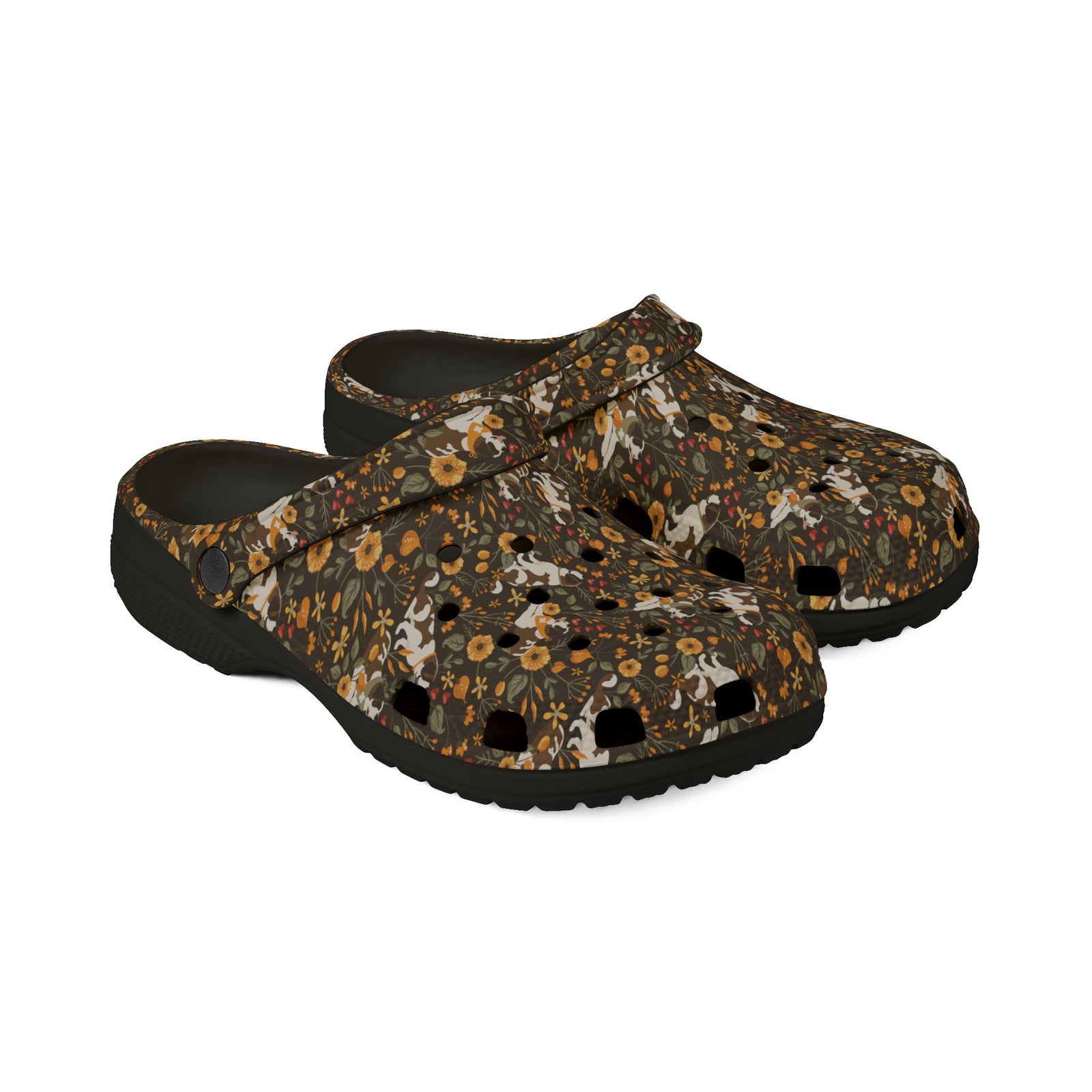 Black EVA clog shoes with an all-over brown fall meadow floral pattern featuring Saint Bernards by Lucy and Norman