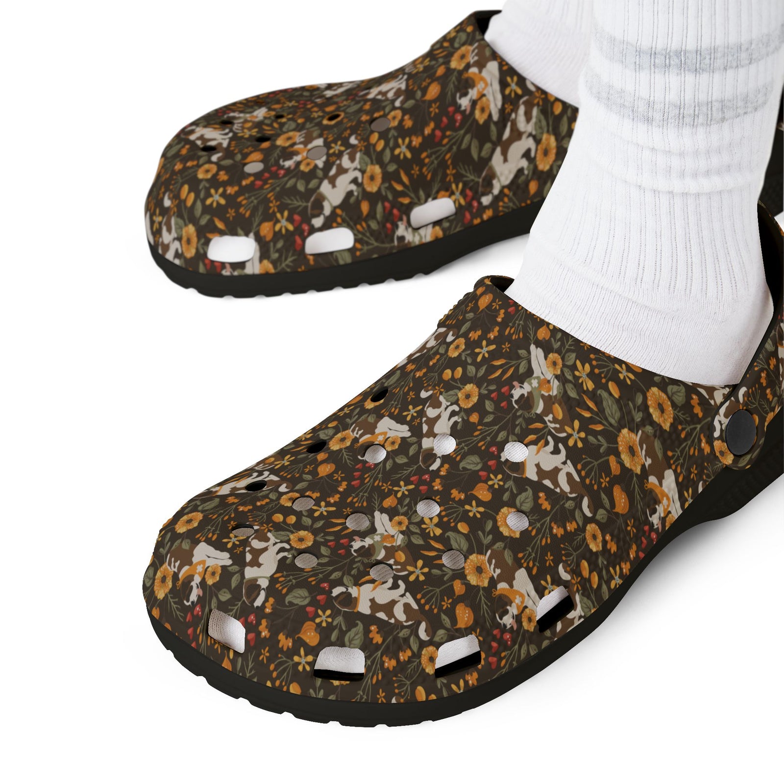 Black EVA clog shoes with an all-over brown fall meadow floral pattern featuring Saint Bernards by Lucy and Norman