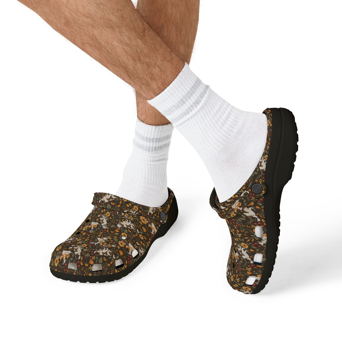 Black EVA clog shoes with an all-over brown fall meadow floral pattern featuring Saint Bernards by Lucy and Norman