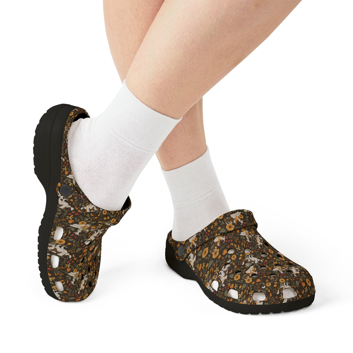 Black EVA clog shoes with an all-over brown fall meadow floral pattern featuring Saint Bernards by Lucy and Norman