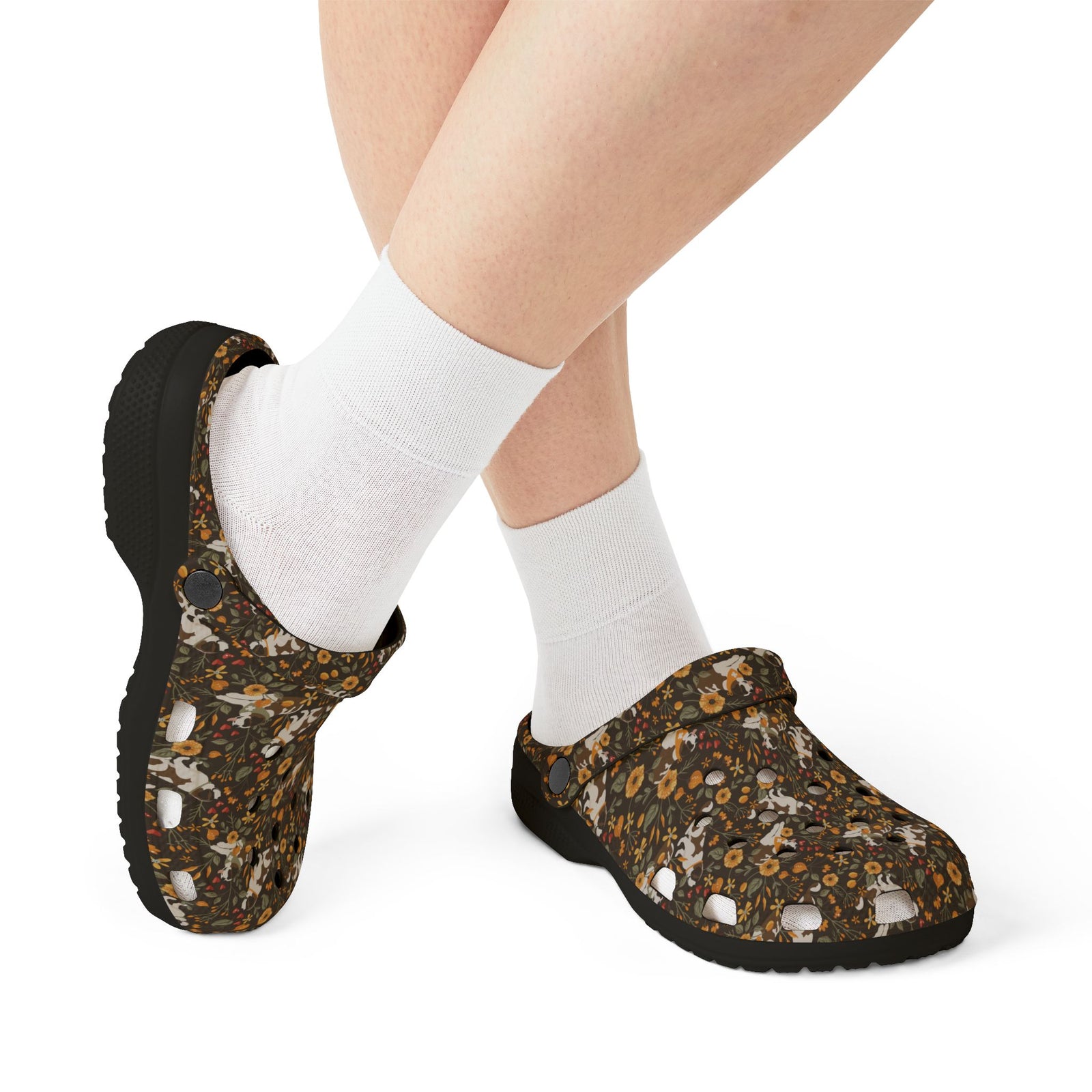 Black EVA clog shoes with an all-over brown fall meadow floral pattern featuring Saint Bernards by Lucy and Norman