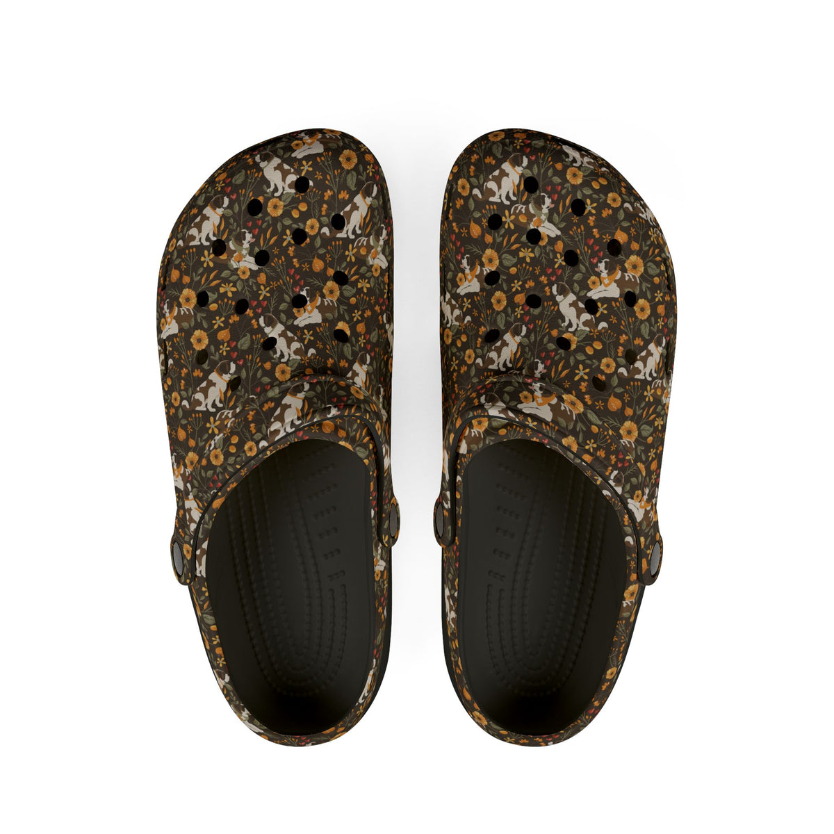 Black EVA clog shoes with an all-over brown fall meadow floral pattern featuring Saint Bernards by Lucy and Norman