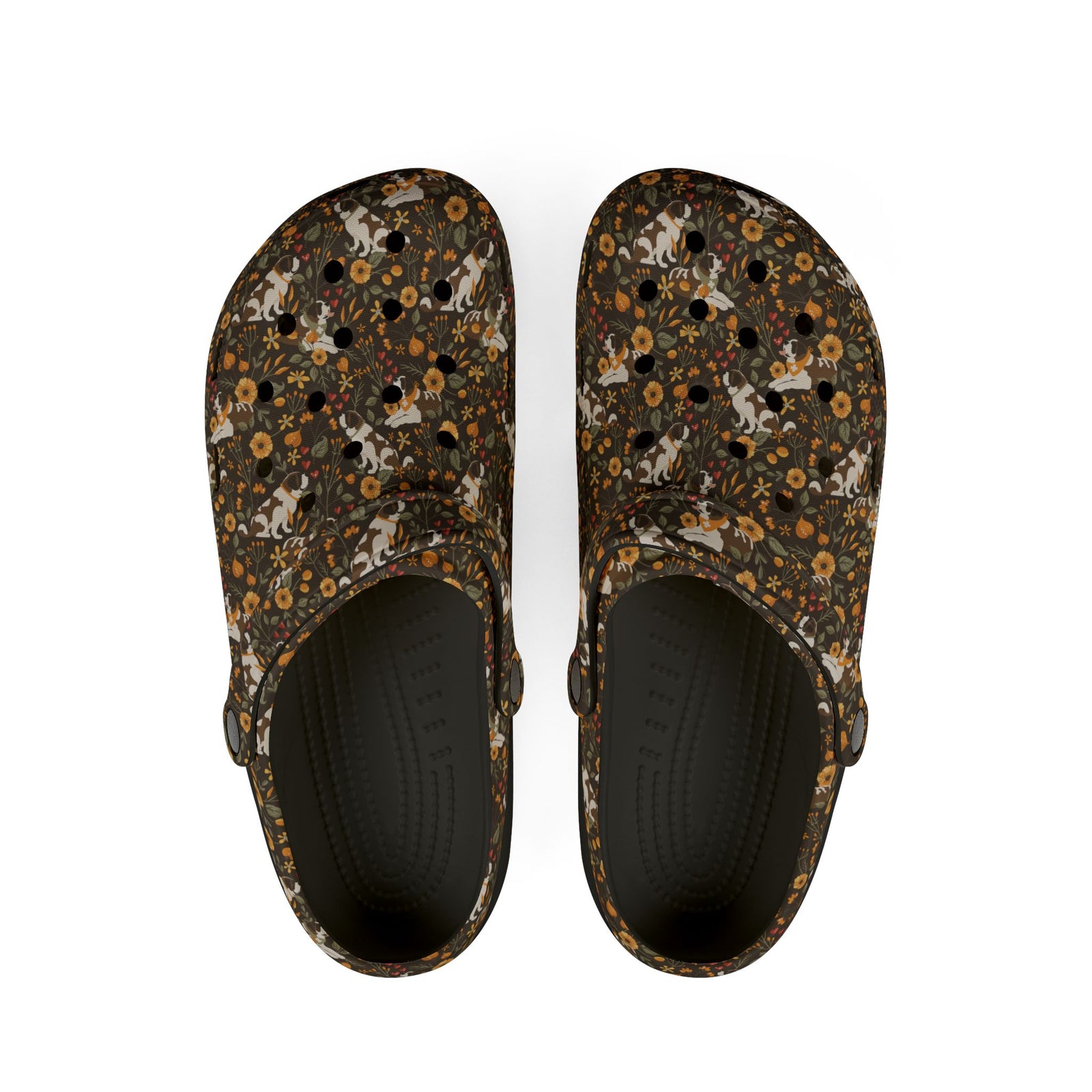 Black EVA clog shoes with an all-over brown fall meadow floral pattern featuring Saint Bernards by Lucy and Norman