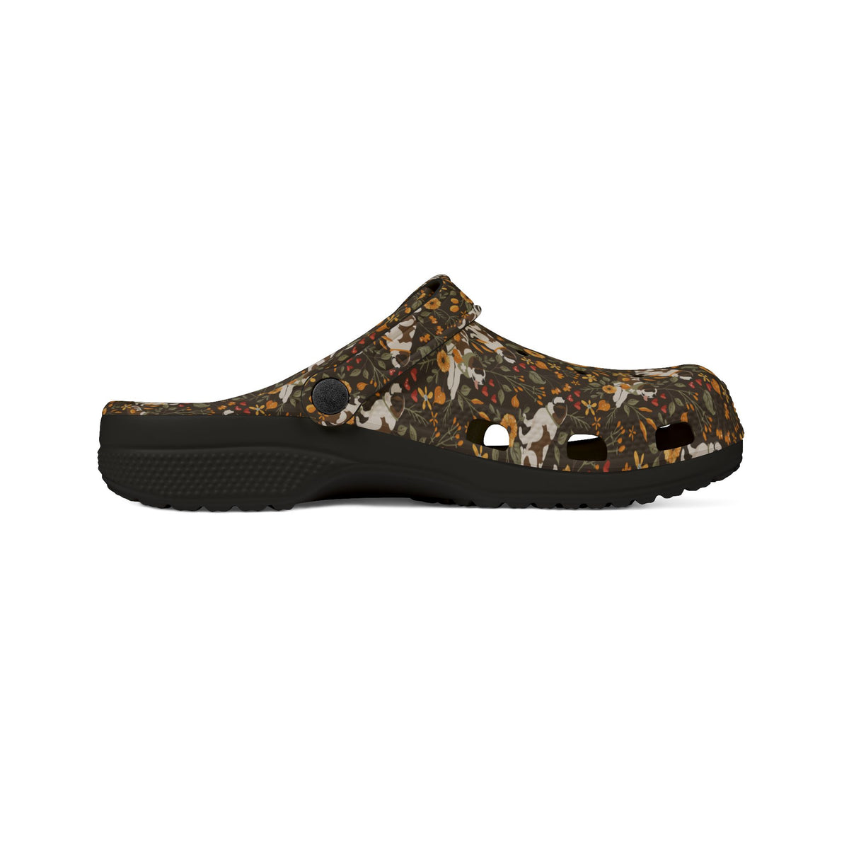 Black EVA clog shoes with an all-over brown fall meadow floral pattern featuring Saint Bernards by Lucy and Norman
