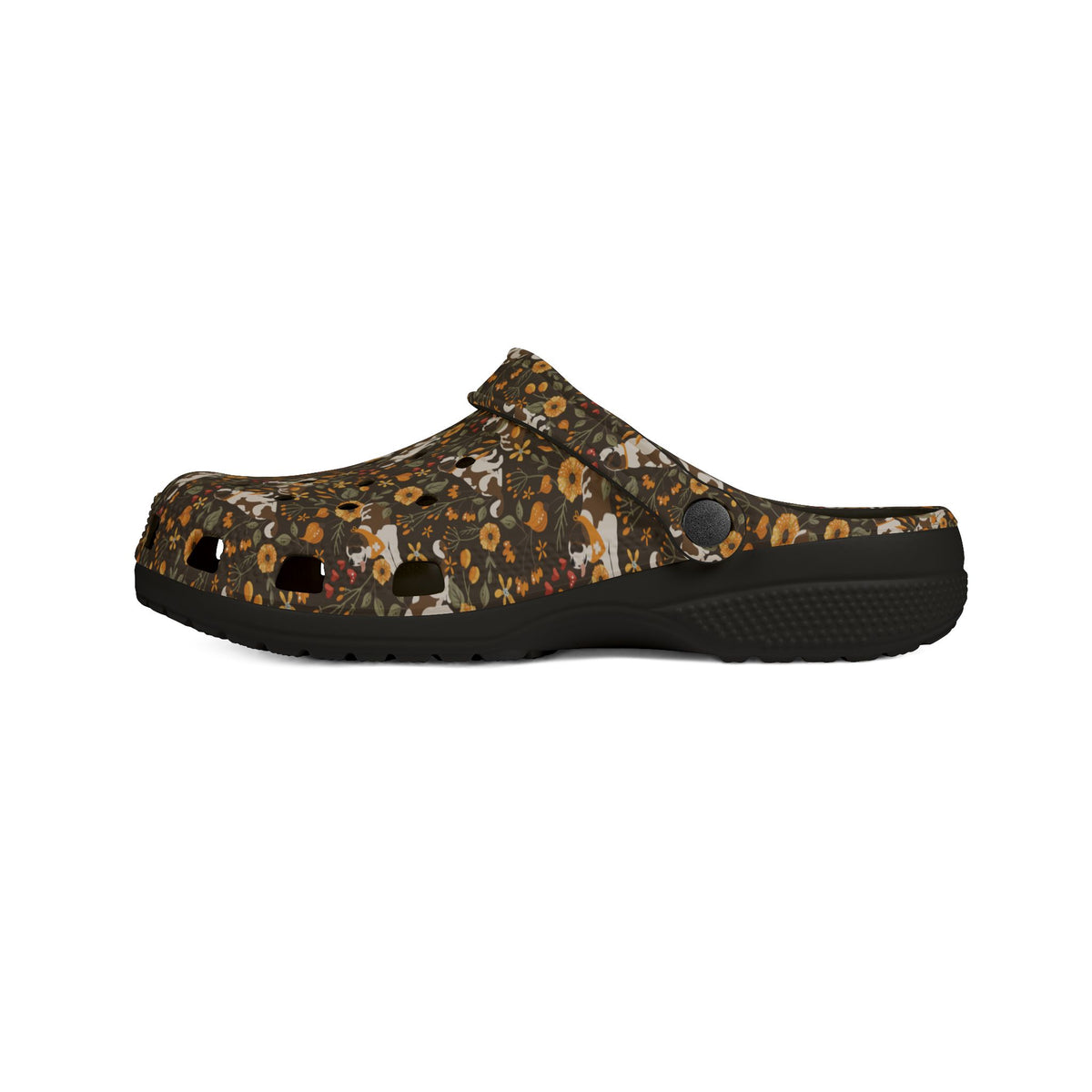 Black EVA clog shoes with an all-over brown fall meadow floral pattern featuring Saint Bernards by Lucy and Norman