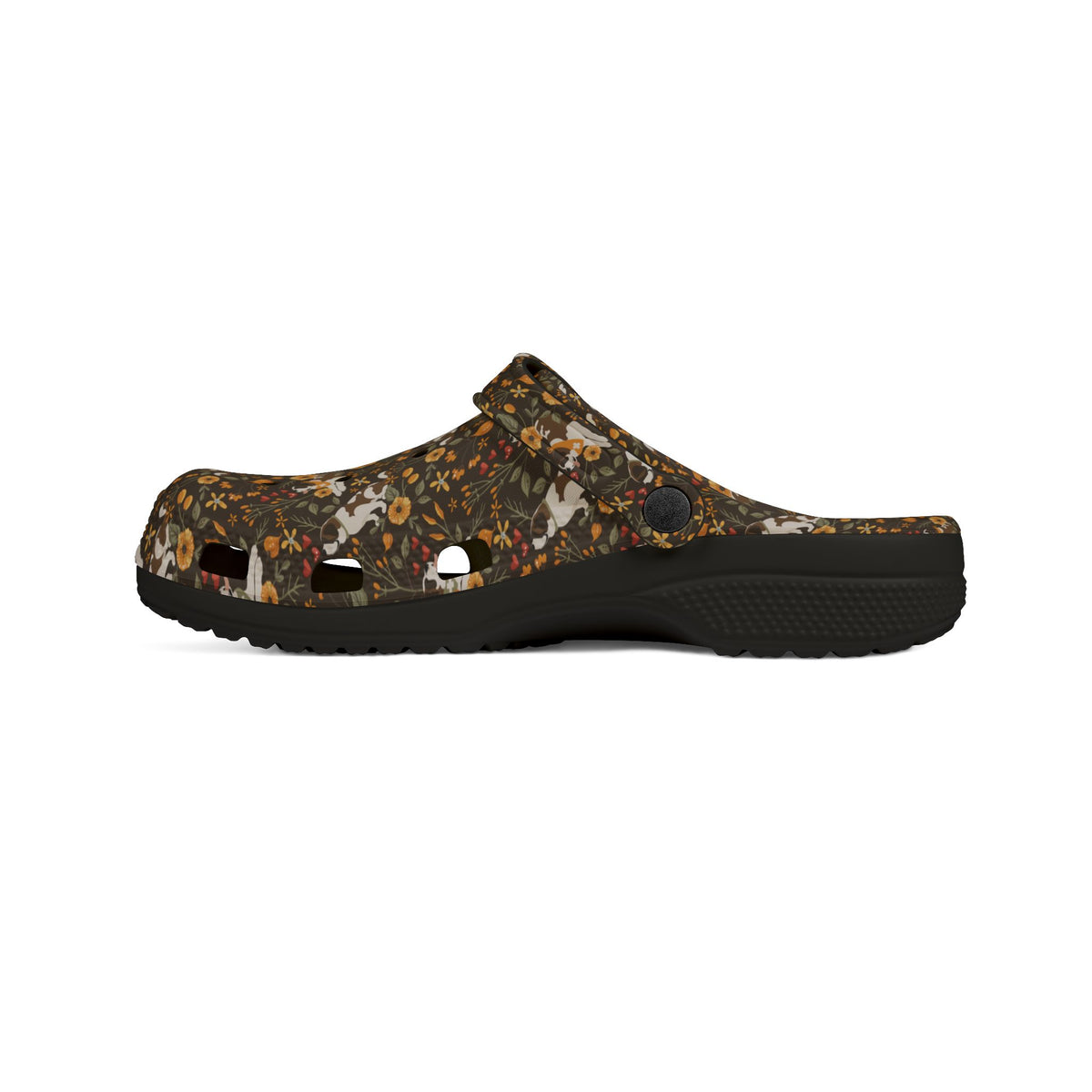 Black EVA clog shoes with an all-over brown fall meadow floral pattern featuring Saint Bernards by Lucy and Norman