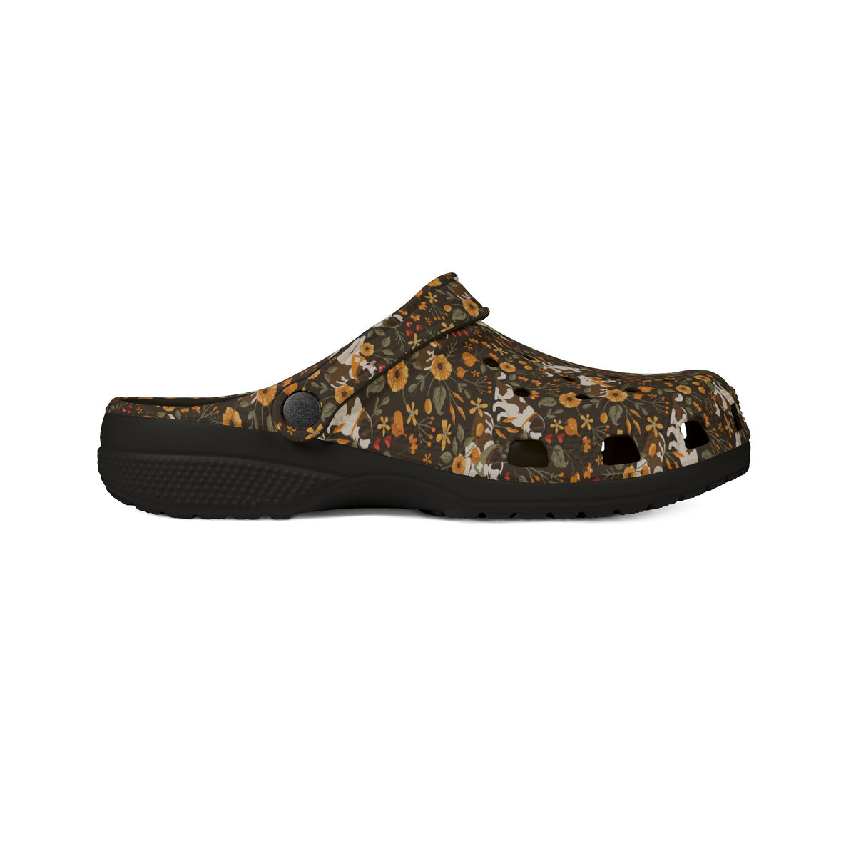 Black EVA clog shoes with an all-over brown fall meadow floral pattern featuring Saint Bernards by Lucy and Norman