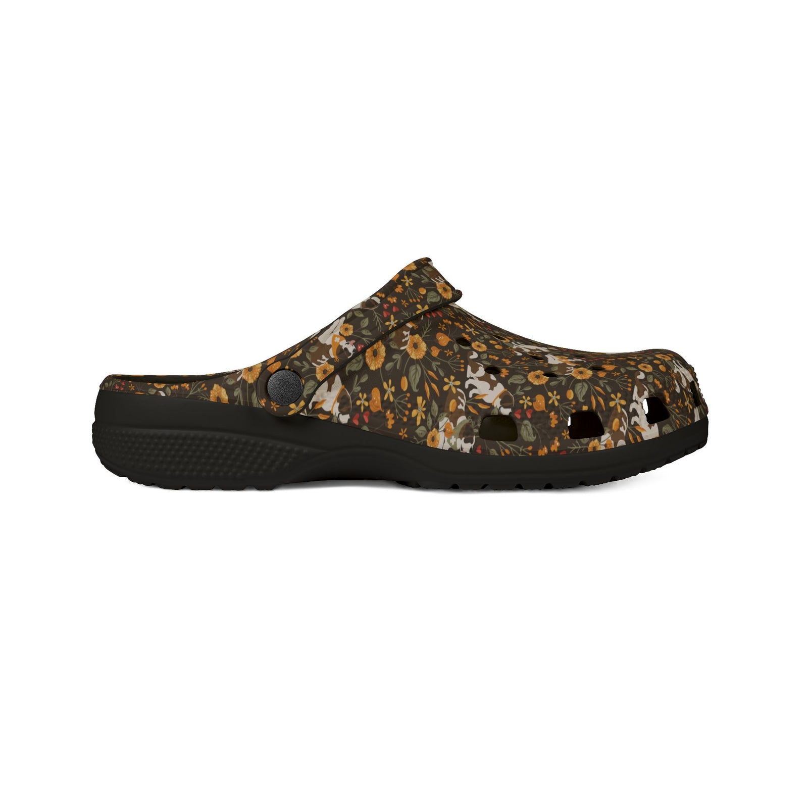 Black EVA clog shoes with an all-over brown fall meadow floral pattern featuring Saint Bernards by Lucy and Norman