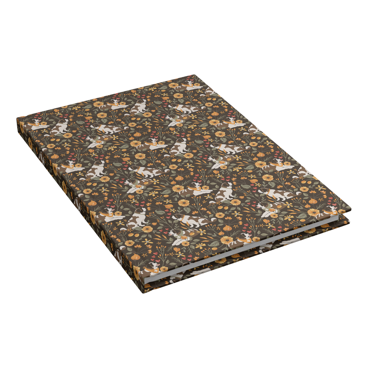 Fall Meadow Saint Bernard hardcover lined journal with a brown cover featuring Saint Bernards among golden flowers, amber wildflowers, and hearts.
