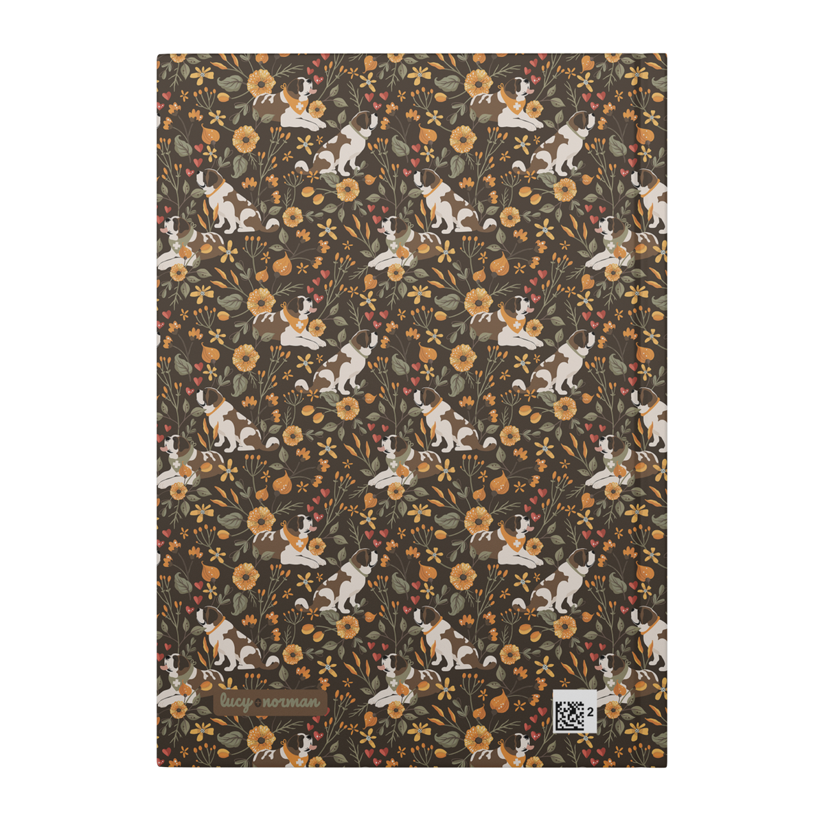 Fall Meadow Saint Bernard hardcover lined journal with a brown cover featuring Saint Bernards among golden flowers, amber wildflowers, and hearts.