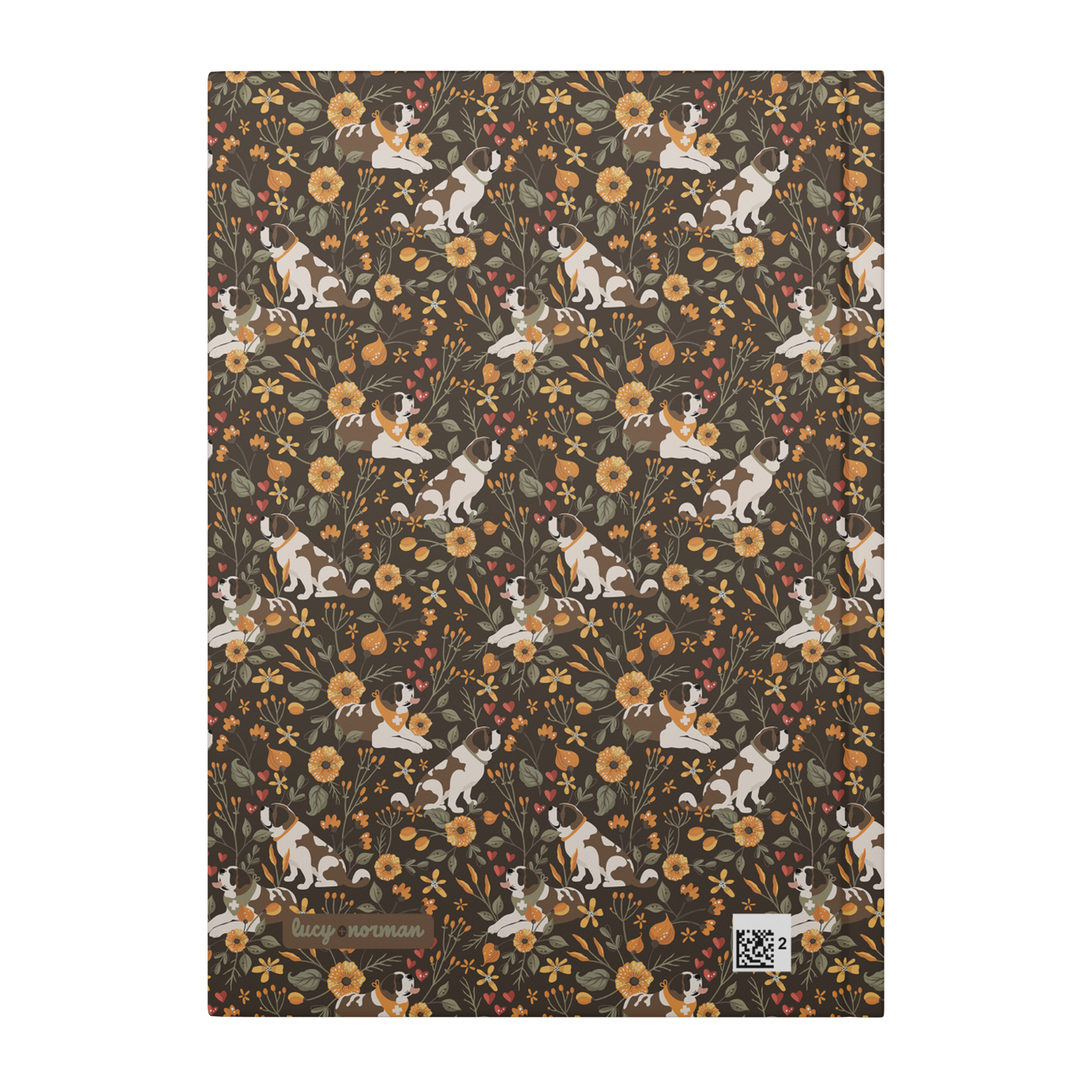 Fall Meadow Saint Bernard hardcover lined journal with a brown cover featuring Saint Bernards among golden flowers, amber wildflowers, and hearts.