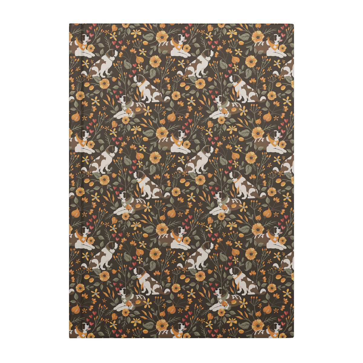Fall Meadow Saint Bernard hardcover lined journal with a brown cover featuring Saint Bernards among golden flowers, amber wildflowers, and hearts.