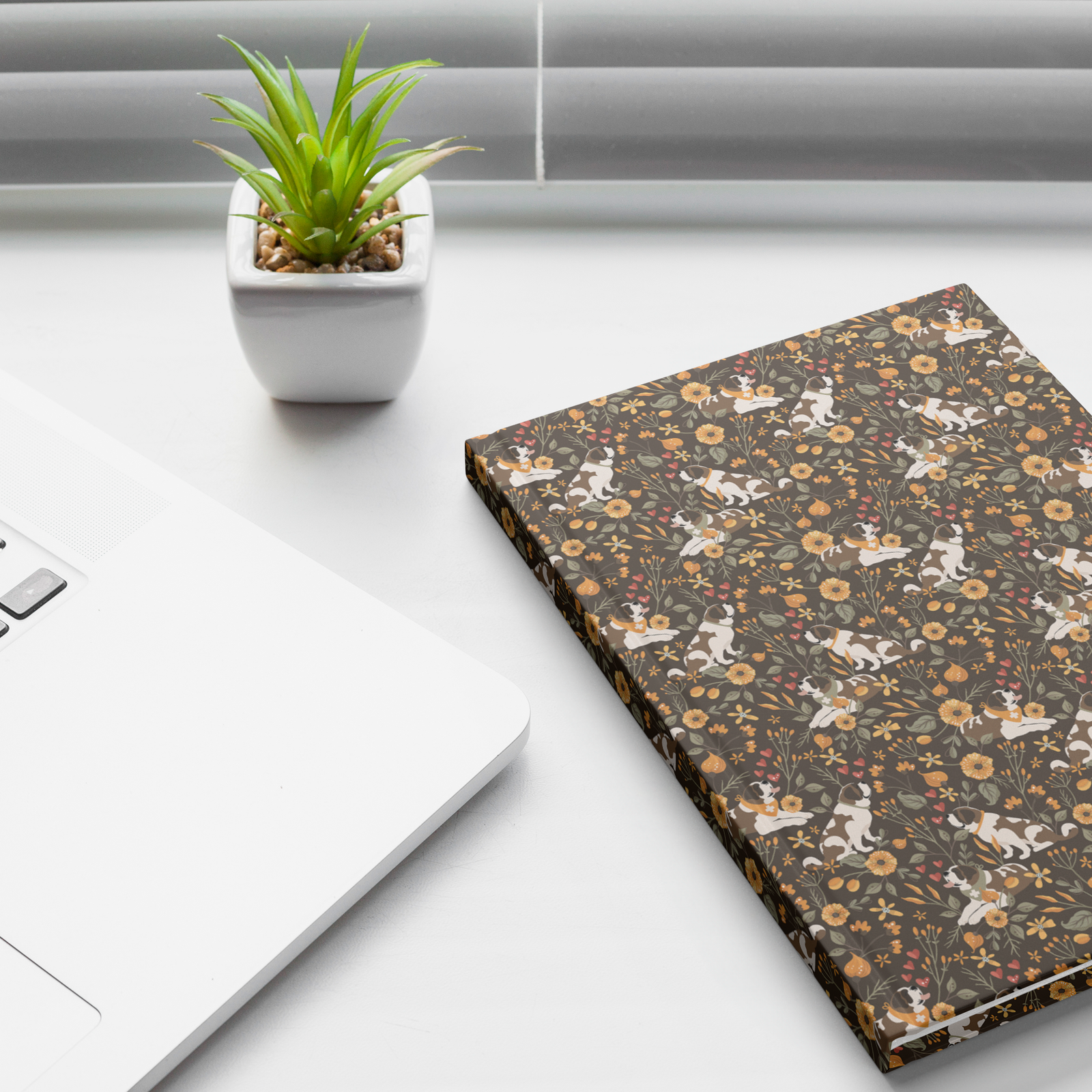 Fall Meadow Saint Bernard hardcover lined journal with a brown cover featuring Saint Bernards among golden flowers, amber wildflowers, and hearts.