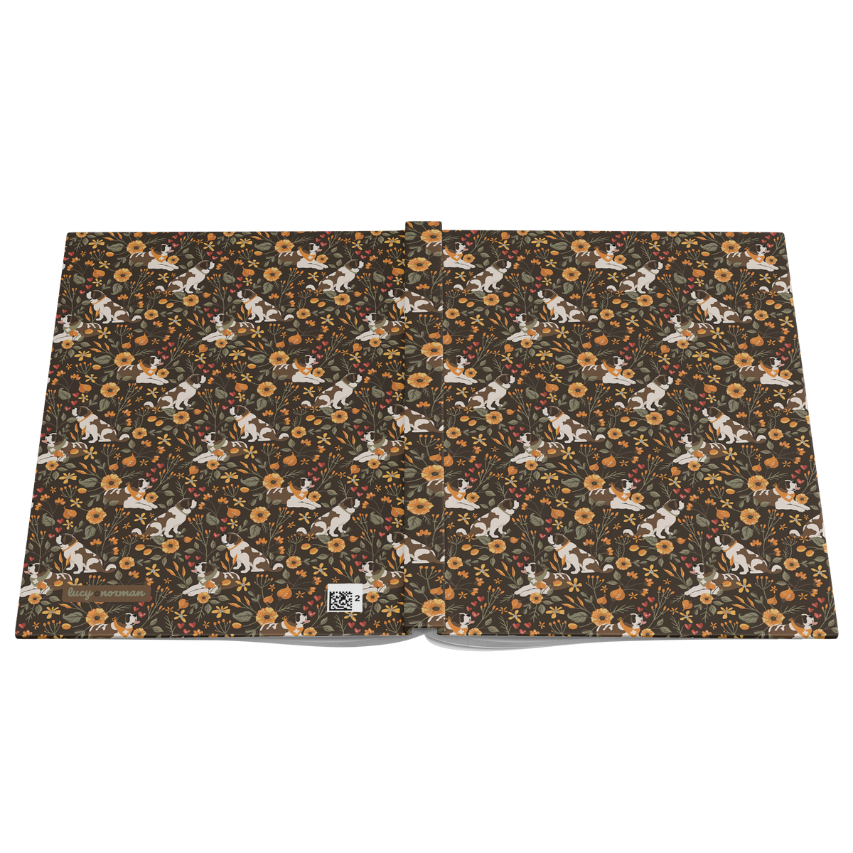 Fall Meadow Saint Bernard hardcover lined journal with a brown cover featuring Saint Bernards among golden flowers, amber wildflowers, and hearts.