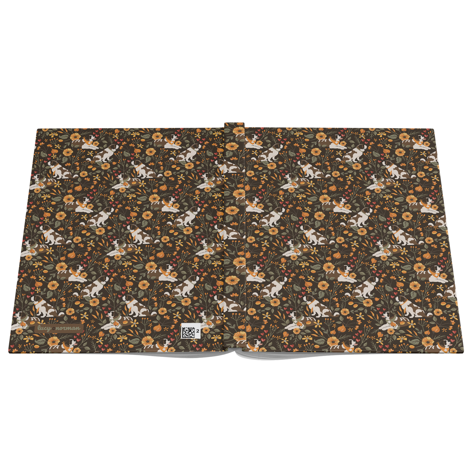 Fall Meadow Saint Bernard hardcover lined journal with a brown cover featuring Saint Bernards among golden flowers, amber wildflowers, and hearts.