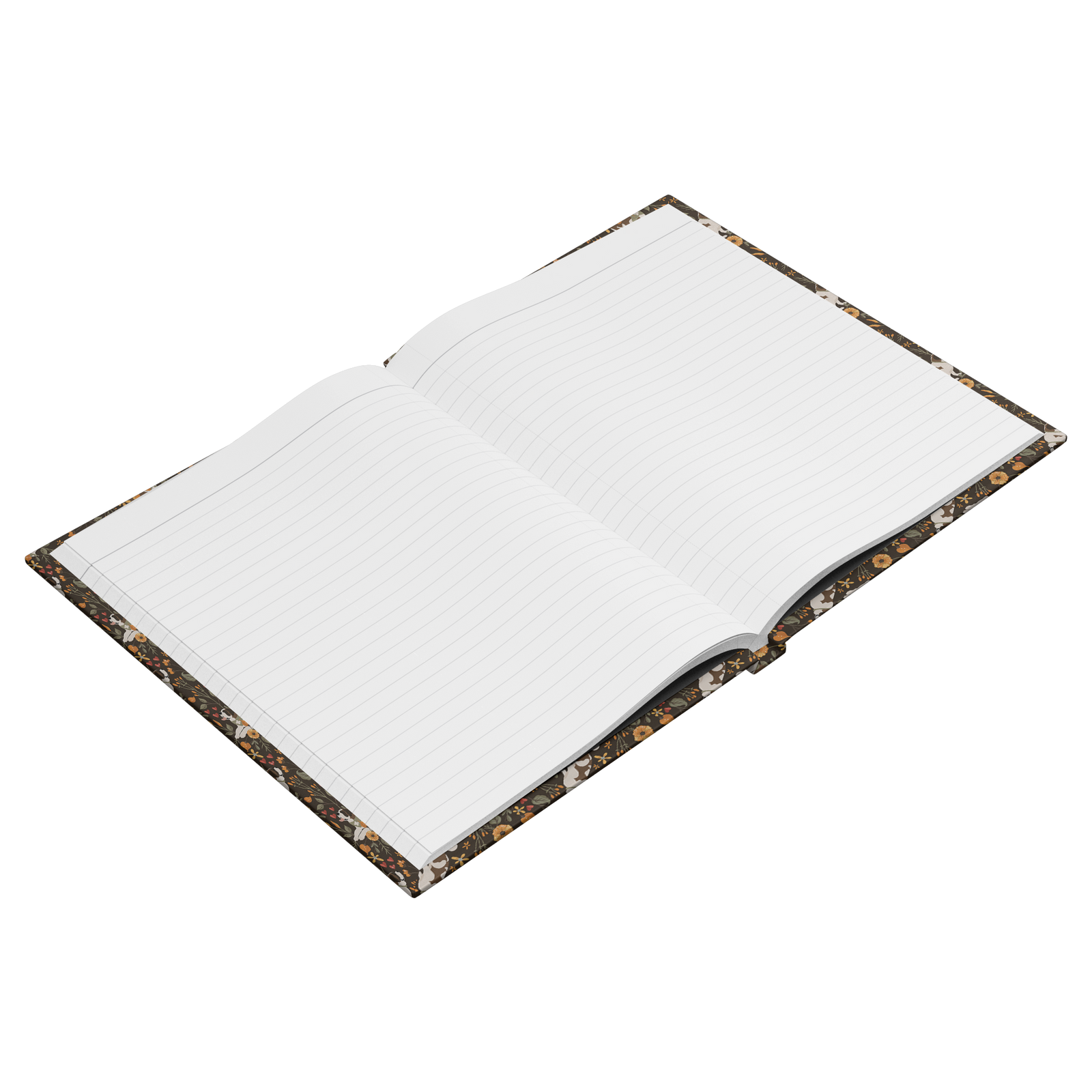 Fall Meadow Saint Bernard hardcover lined journal with a brown cover featuring Saint Bernards among golden flowers, amber wildflowers, and hearts.
