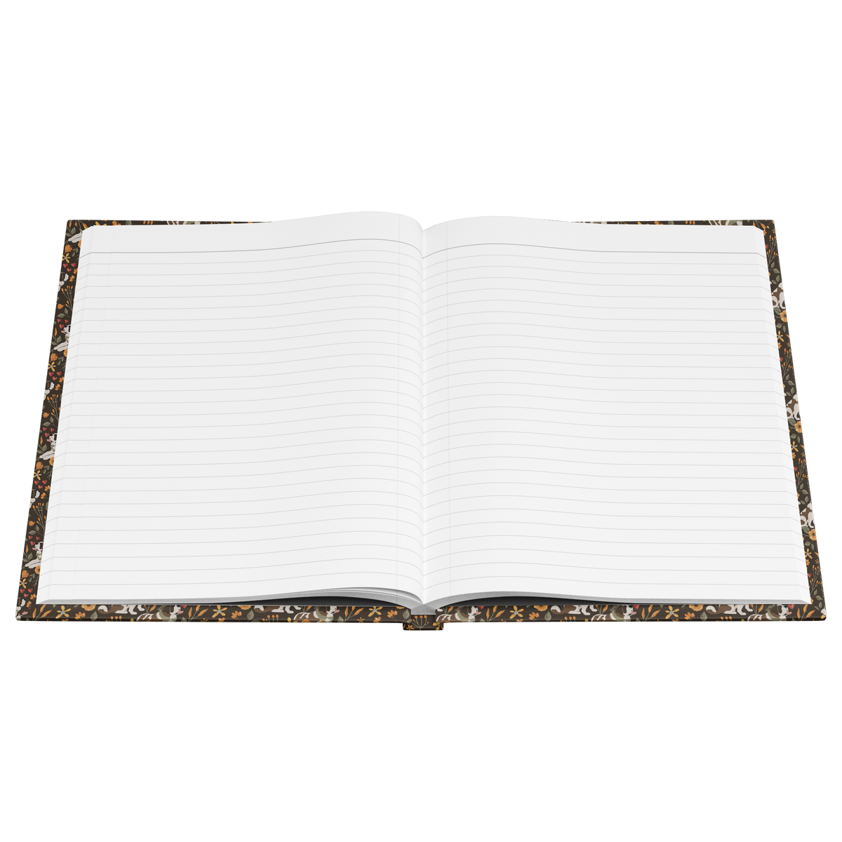 Fall Meadow Saint Bernard hardcover lined journal with a brown cover featuring Saint Bernards among golden flowers, amber wildflowers, and hearts.