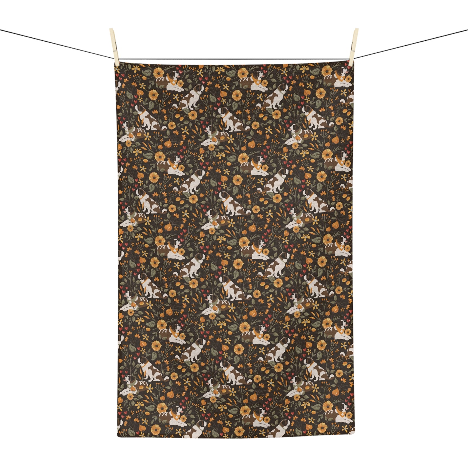 Fall Meadow Saint Bernard microfiber tea towel with a brown print of Saint Bernards among golden flowers, amber wildflowers, and hearts.