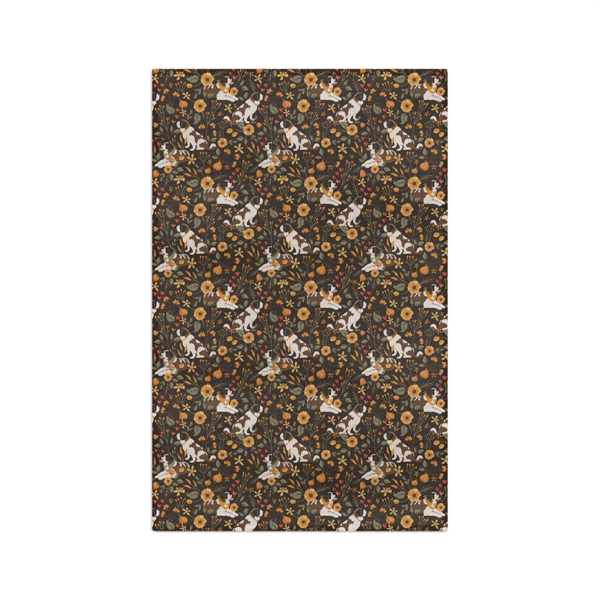 Fall Meadow Saint Bernard microfiber tea towel with a brown print of Saint Bernards among golden flowers, amber wildflowers, and hearts.