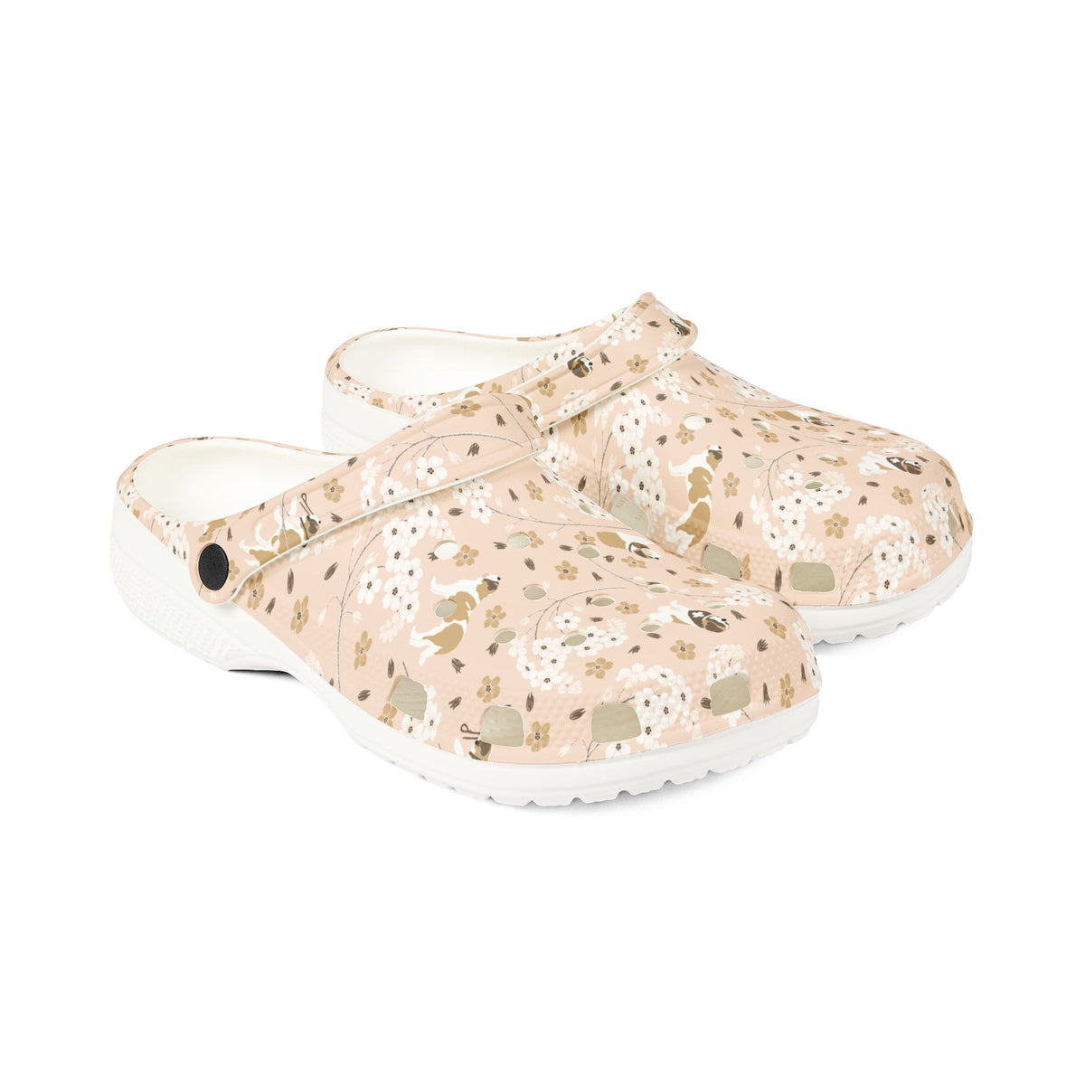 White EVA clog shoes with an all-over blush pink Saint Bernard and forget-me-not floral pattern by Lucy and Norman