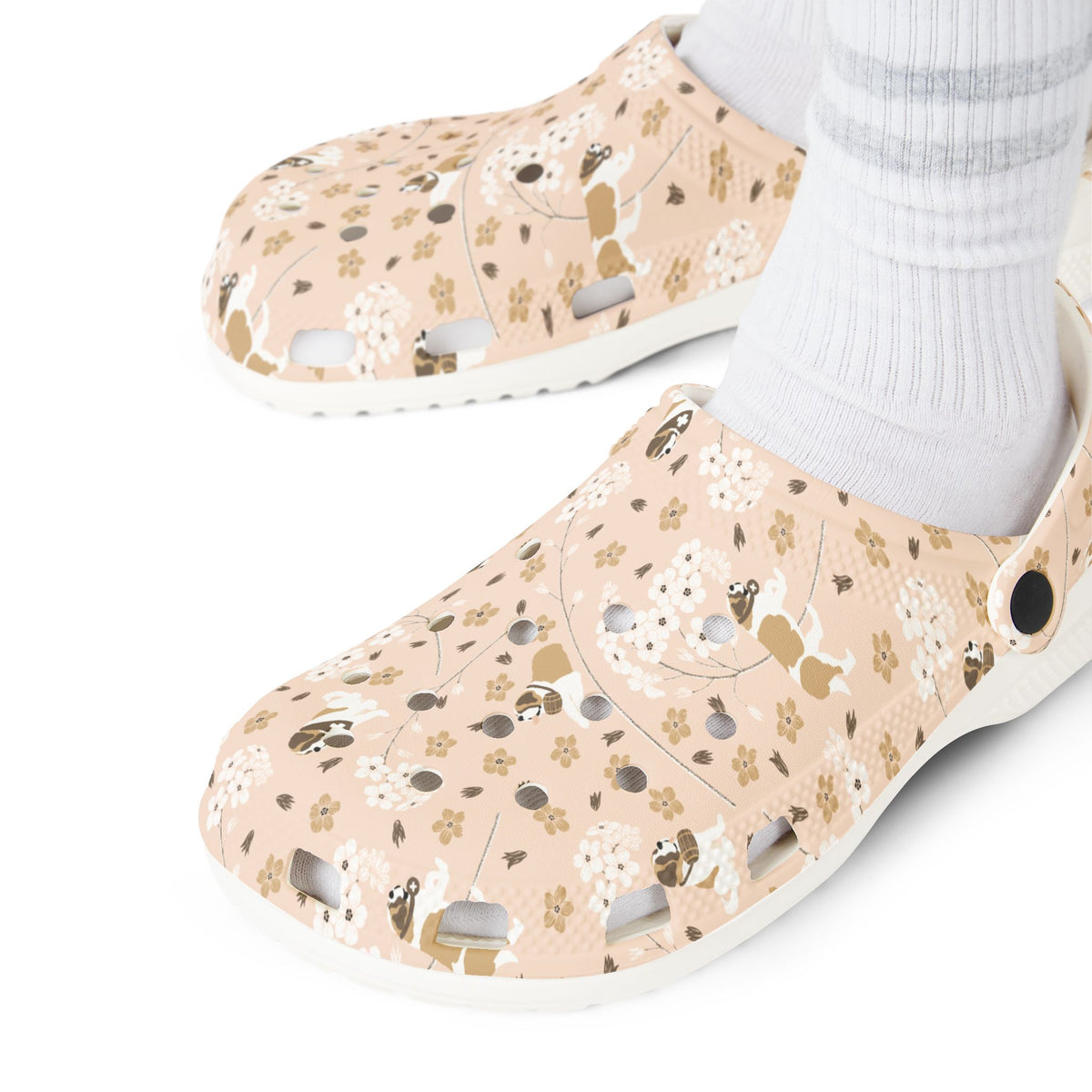 White EVA clog shoes with an all-over blush pink Saint Bernard and forget-me-not floral pattern by Lucy and Norman