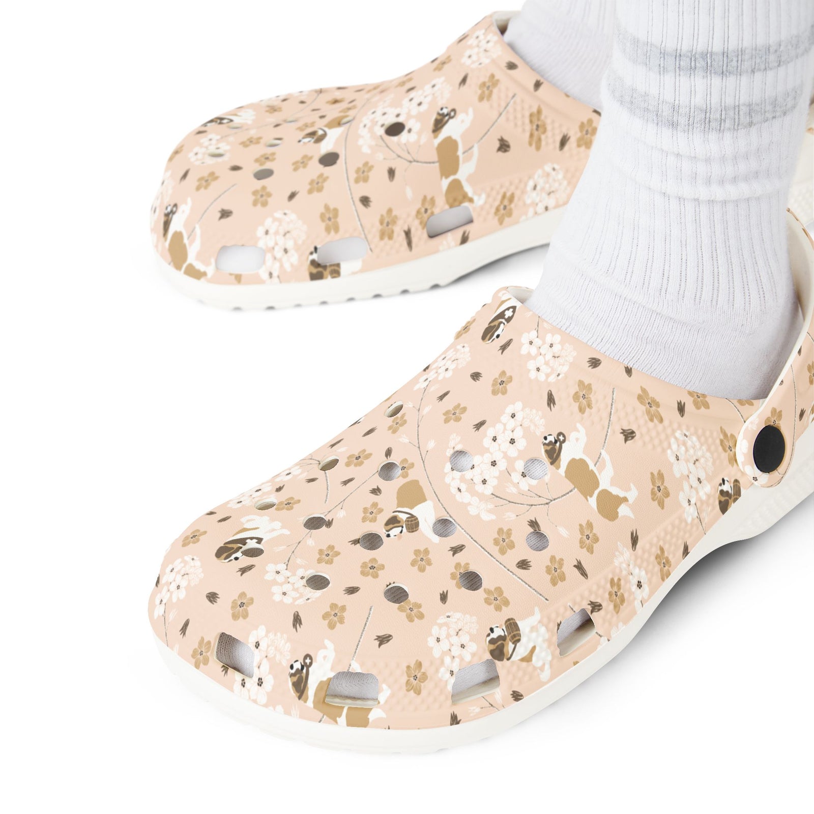 White EVA clog shoes with an all-over blush pink Saint Bernard and forget-me-not floral pattern by Lucy and Norman
