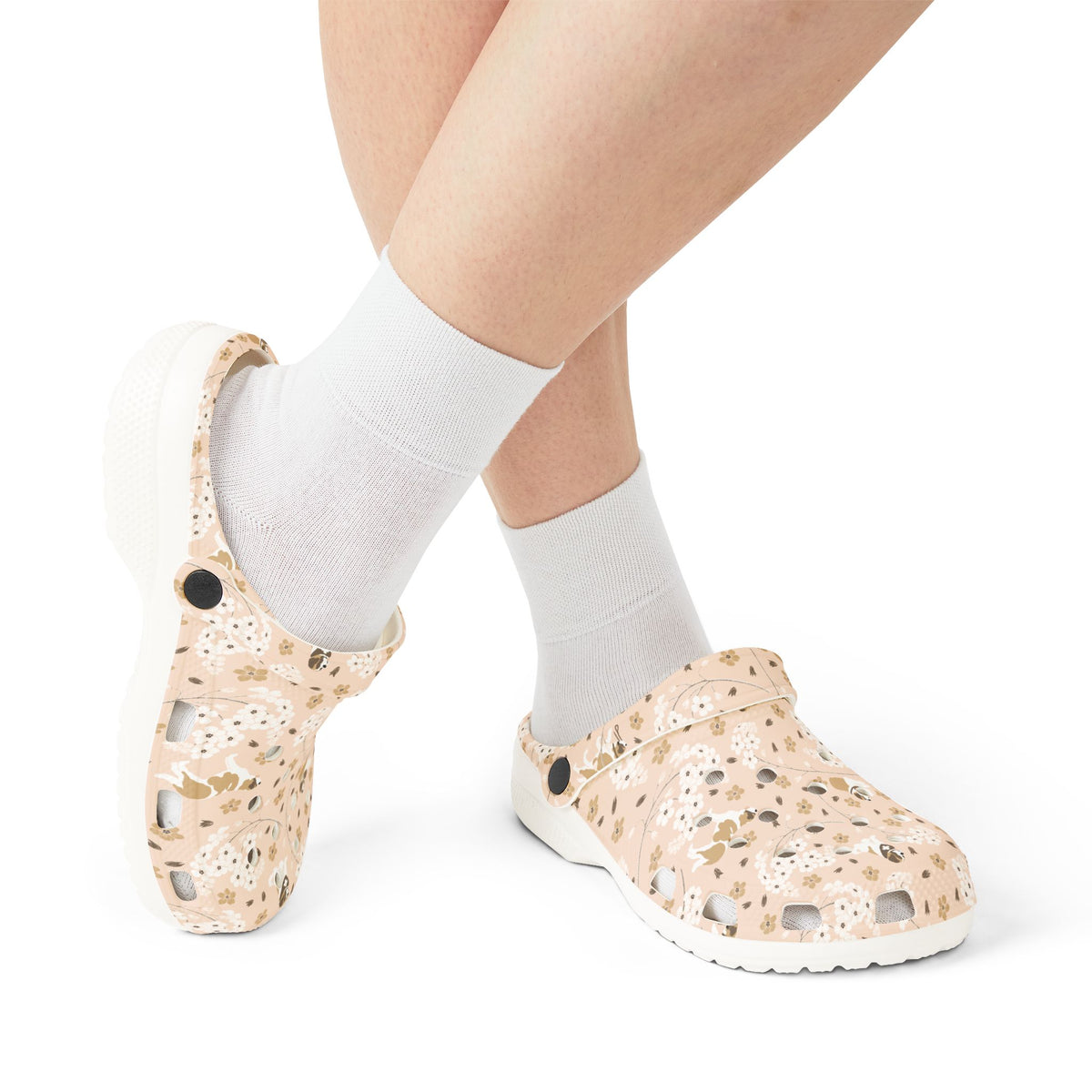White EVA clog shoes with an all-over blush pink Saint Bernard and forget-me-not floral pattern by Lucy and Norman
