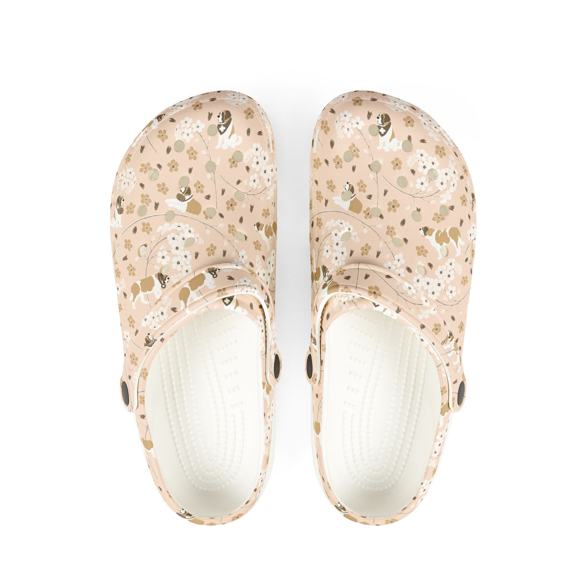 White EVA clog shoes with an all-over blush pink Saint Bernard and forget-me-not floral pattern by Lucy and Norman
