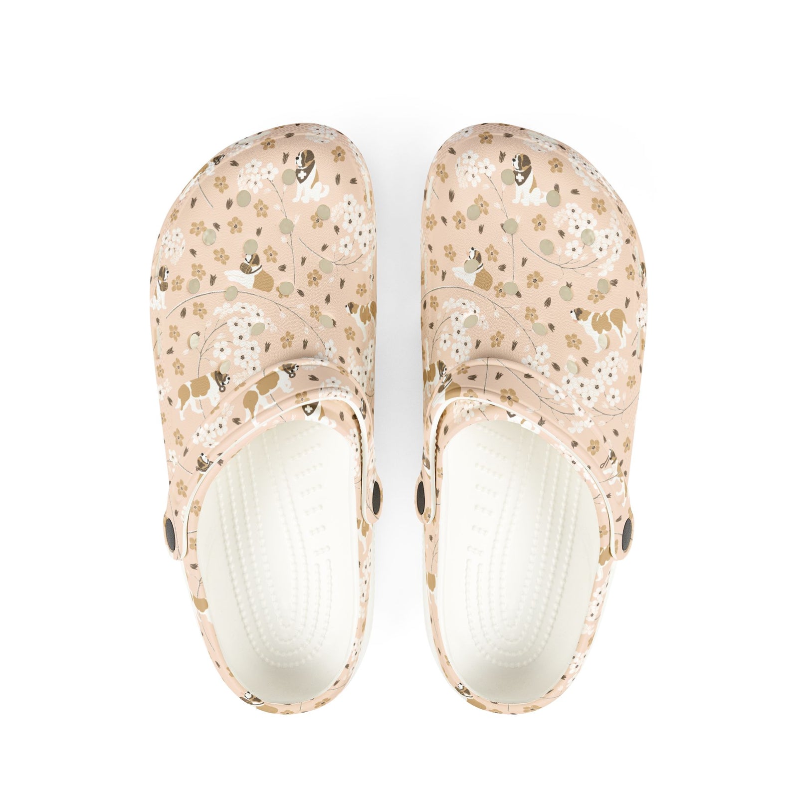 White EVA clog shoes with an all-over blush pink Saint Bernard and forget-me-not floral pattern by Lucy and Norman