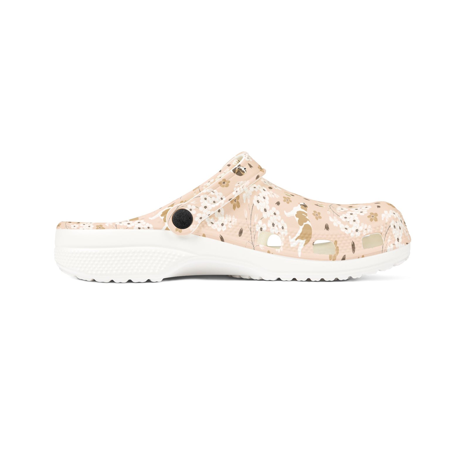 White EVA clog shoes with an all-over blush pink Saint Bernard and forget-me-not floral pattern by Lucy and Norman