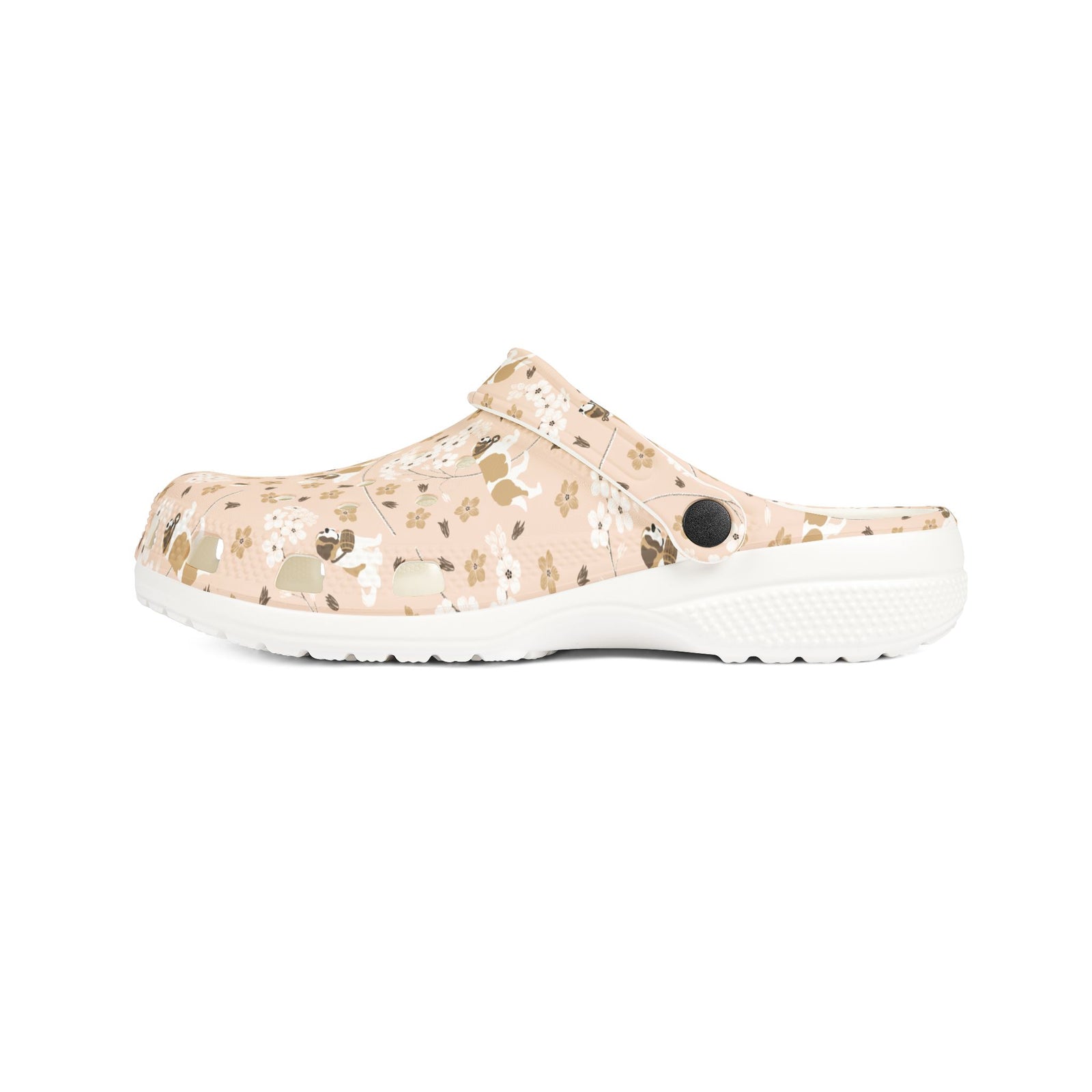 White EVA clog shoes with an all-over blush pink Saint Bernard and forget-me-not floral pattern by Lucy and Norman
