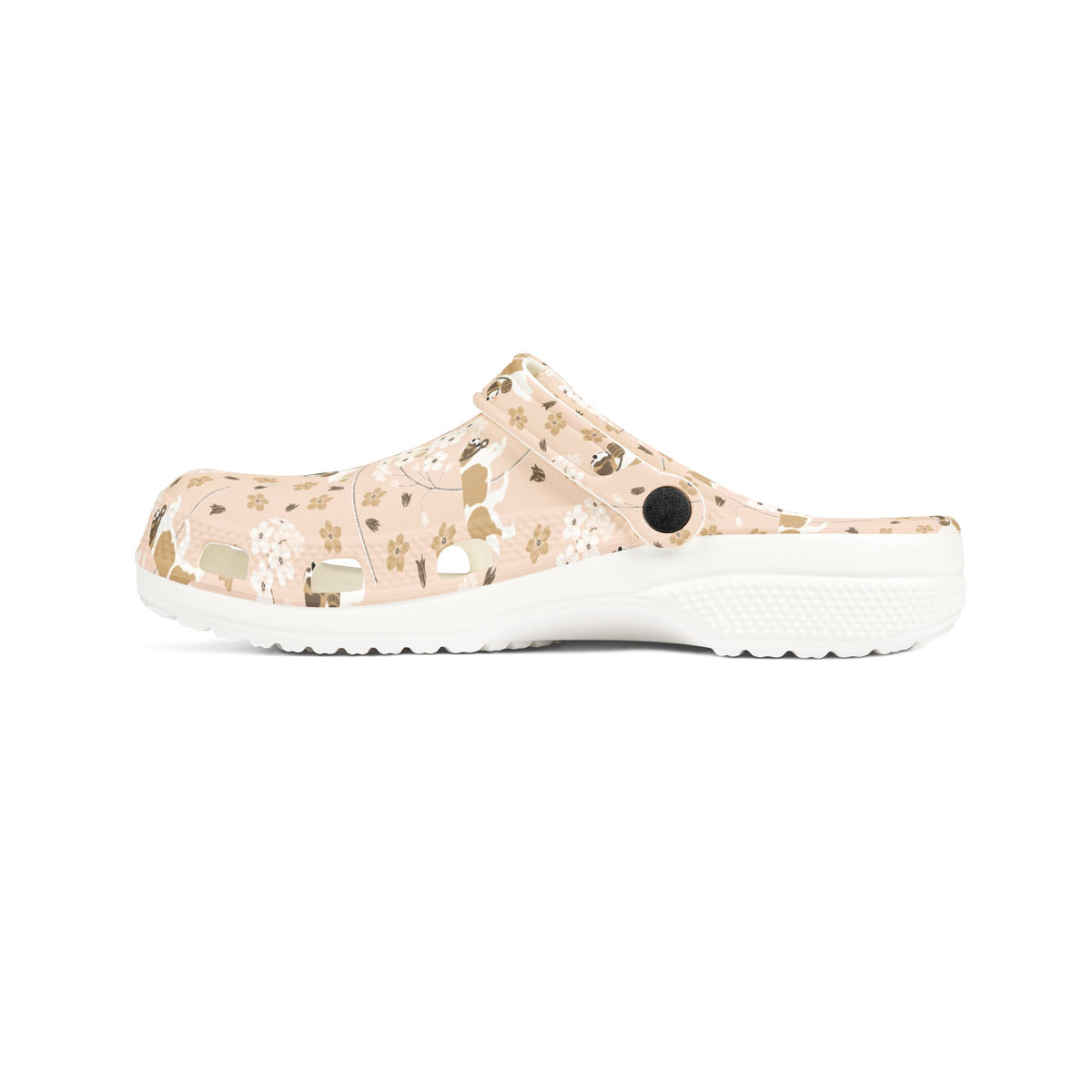 White EVA clog shoes with an all-over blush pink Saint Bernard and forget-me-not floral pattern by Lucy and Norman