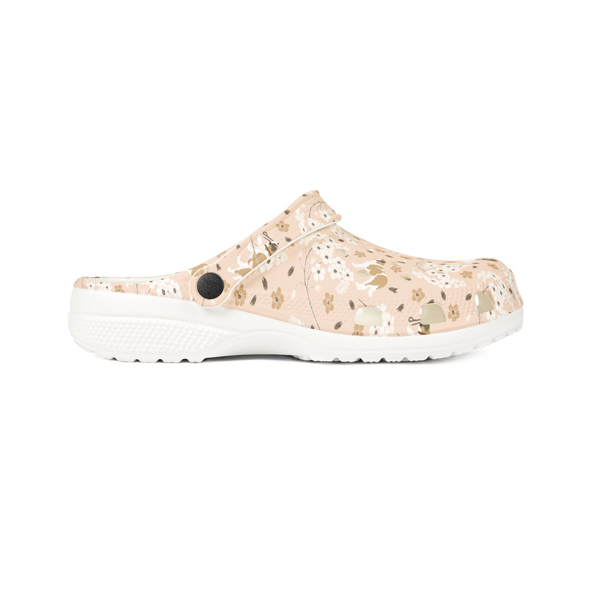 White EVA clog shoes with an all-over blush pink Saint Bernard and forget-me-not floral pattern by Lucy and Norman