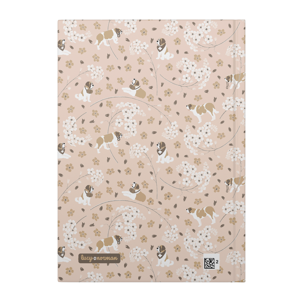 Forget Me Not Saint Bernard hardcover lined journal with a soft blush cover featuring Saint Bernards among delicate white and golden florals.